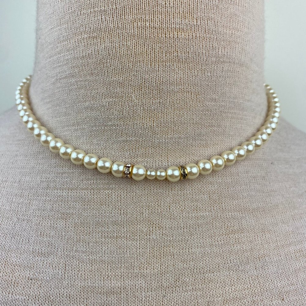Vintage Faux Pearl w/ Rhinestone Spacer Beaded Necklace 15"